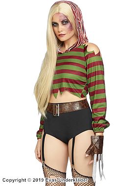 Hunn Freddy Kruger, maskeradekostyme med topp og shorts, off-shoulder, hette, horisontale striper